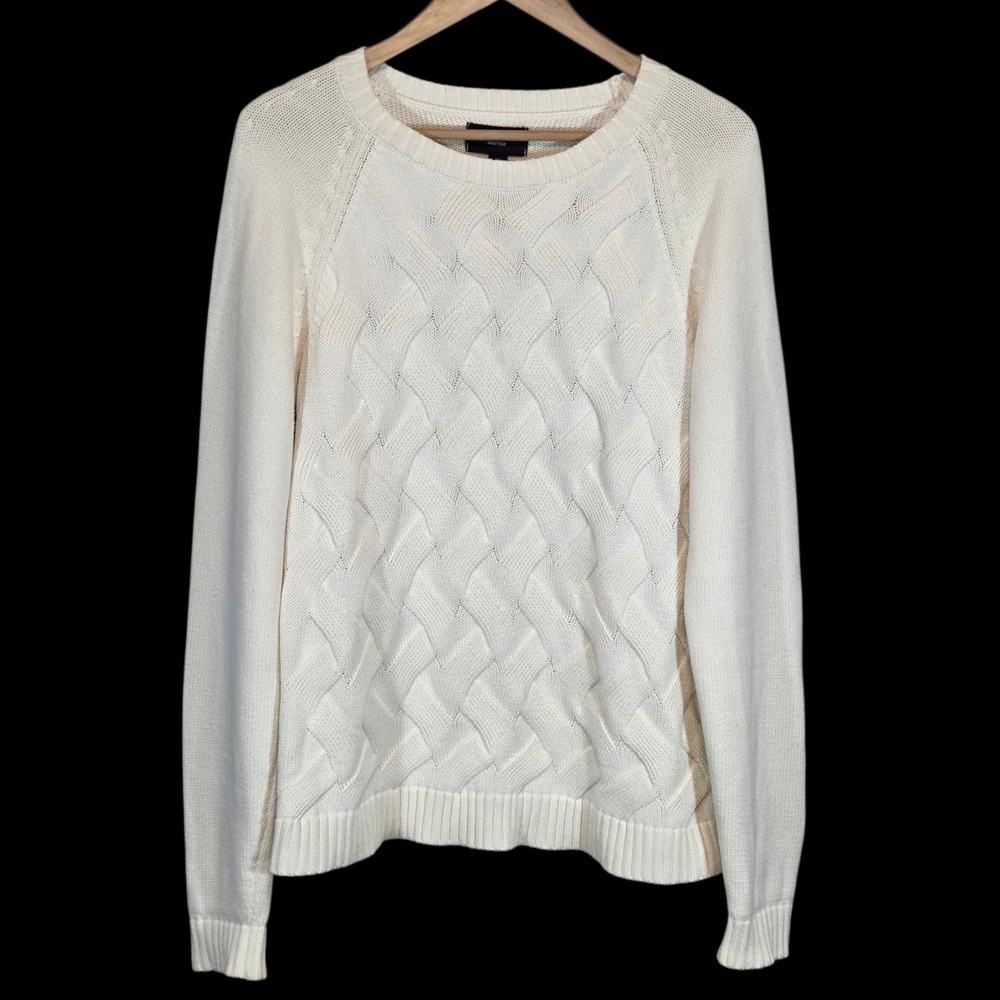 Lands End Cable Knit Sweater Womens XL Fisherman Cream Cotton Pullover Heritage